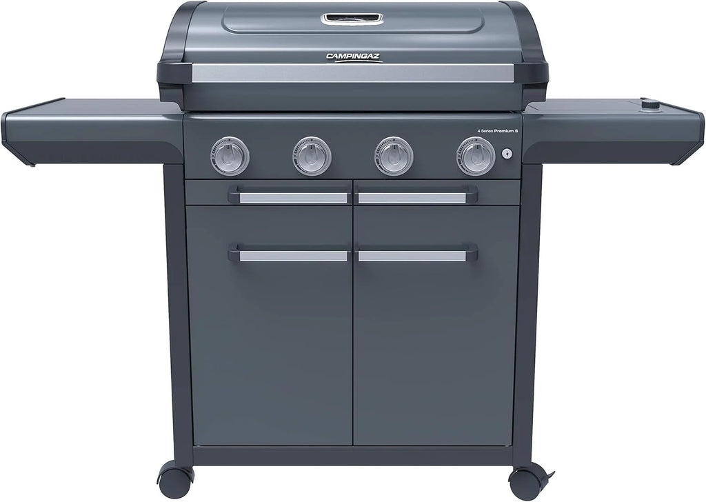 Campingaz Churrasqueira a Gás Série 4 Premium S, churrasqueira a gás com 4 queimadores em aço inoxidável de 13,6 kW, 1 queimador lateral, tampa, termómetro, InstaClean Aqua, sistema modular culinário, fogão