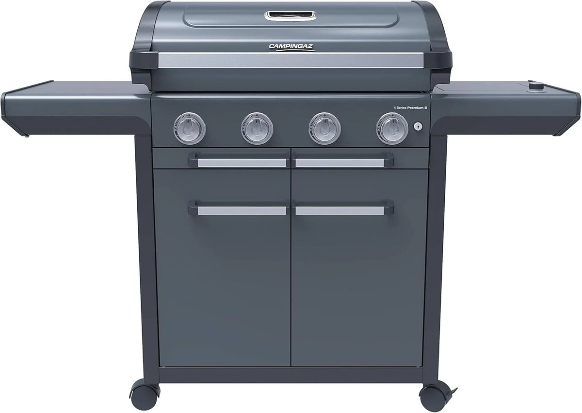 Campingaz Churrasqueira a Gás Série 4 Premium S, churrasqueira a gás com 4 queimadores em aço inoxidável de 13,6 kW, 1 queimador lateral, tampa, termómetro, InstaClean Aqua, sistema modular culinário, fogão