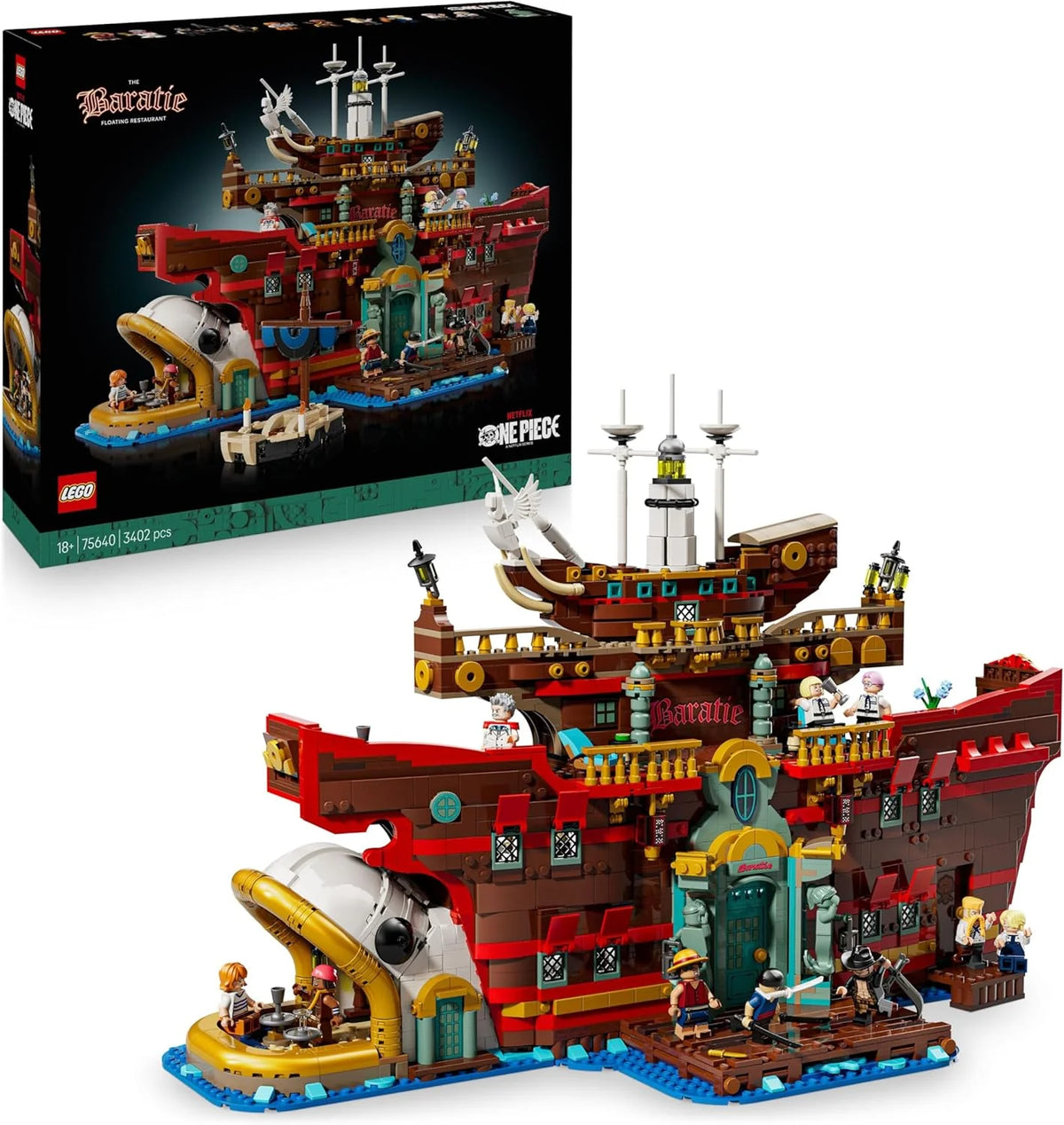 One Piece Restaurante Flutuante Baratie - Maquete de Navio para Adultos - Decoração de Anime com Interior Detalhado e 10 Minifiguras Incl. Luffy, Nami e Sanji - Presente para Fãs 75640