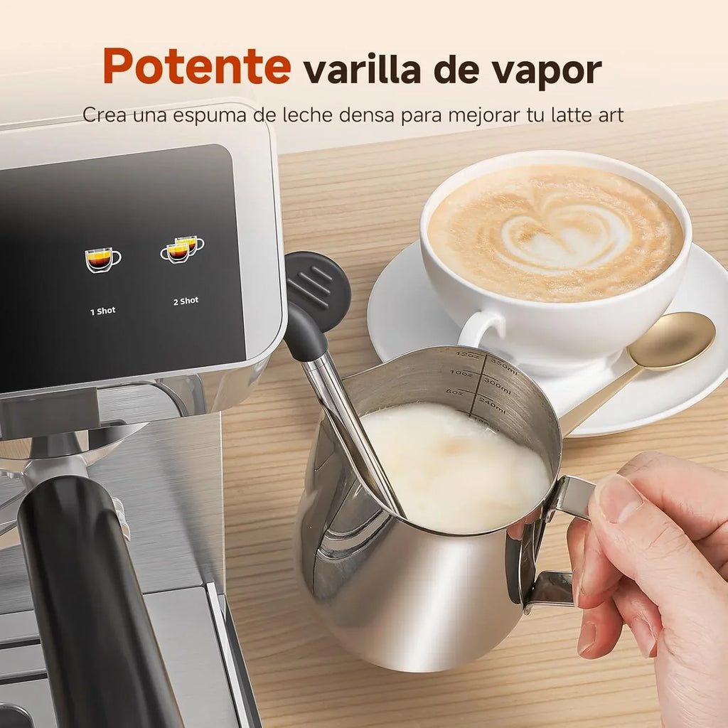 Máquina de Café Espresso AMZCHEF com Moedor Integrado 20 Bares – Cafeteira com 44 Configurações de Moagem, Vaporizador de Leite, 4 Temperaturas, Função Café Frio, Aço Inoxidável, Reservatório de 1,8L