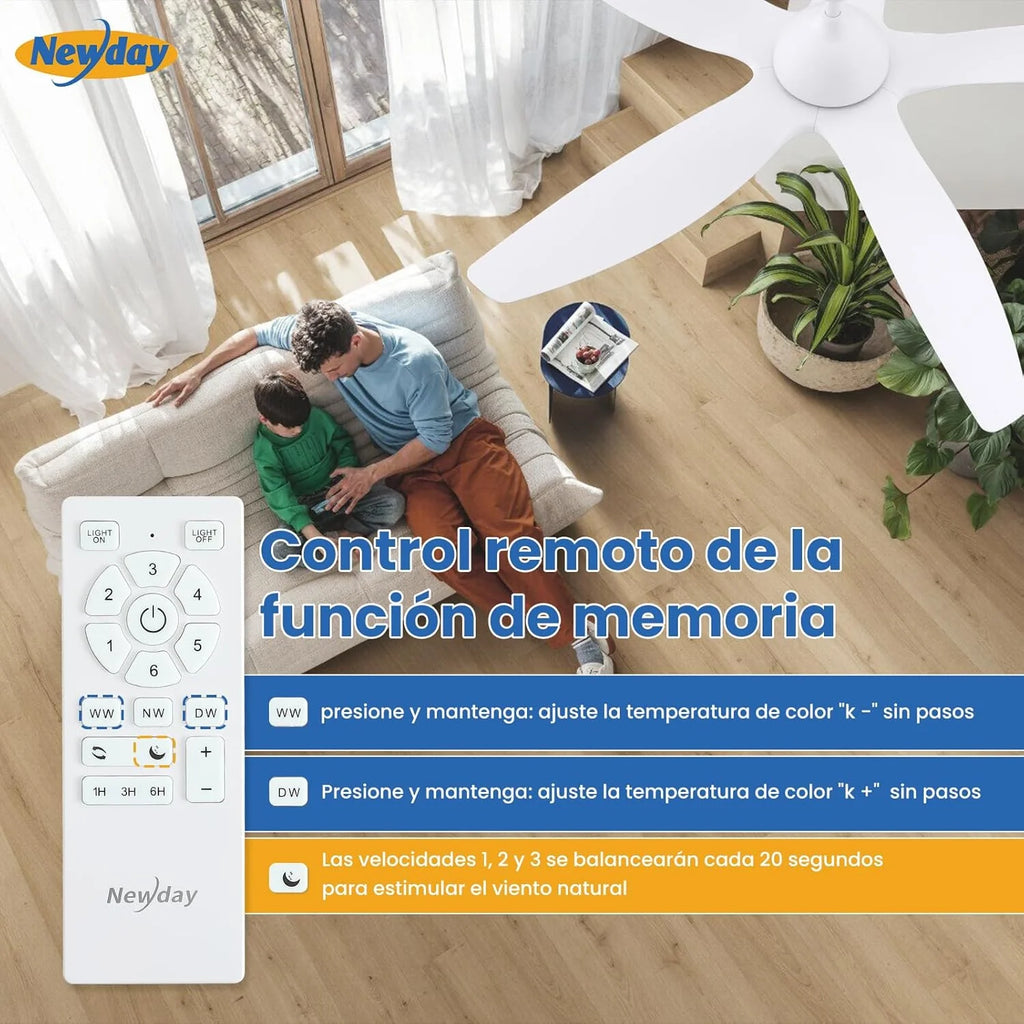 Newday 153cm Grande Ventilador de Teto Branco com Luz e Controle Remoto, LED Dimmer, Motor DC Reversível para Uso no Verão e Inverno, 5 Pás Silencioso para Quarto Sala de Estar e Varanda