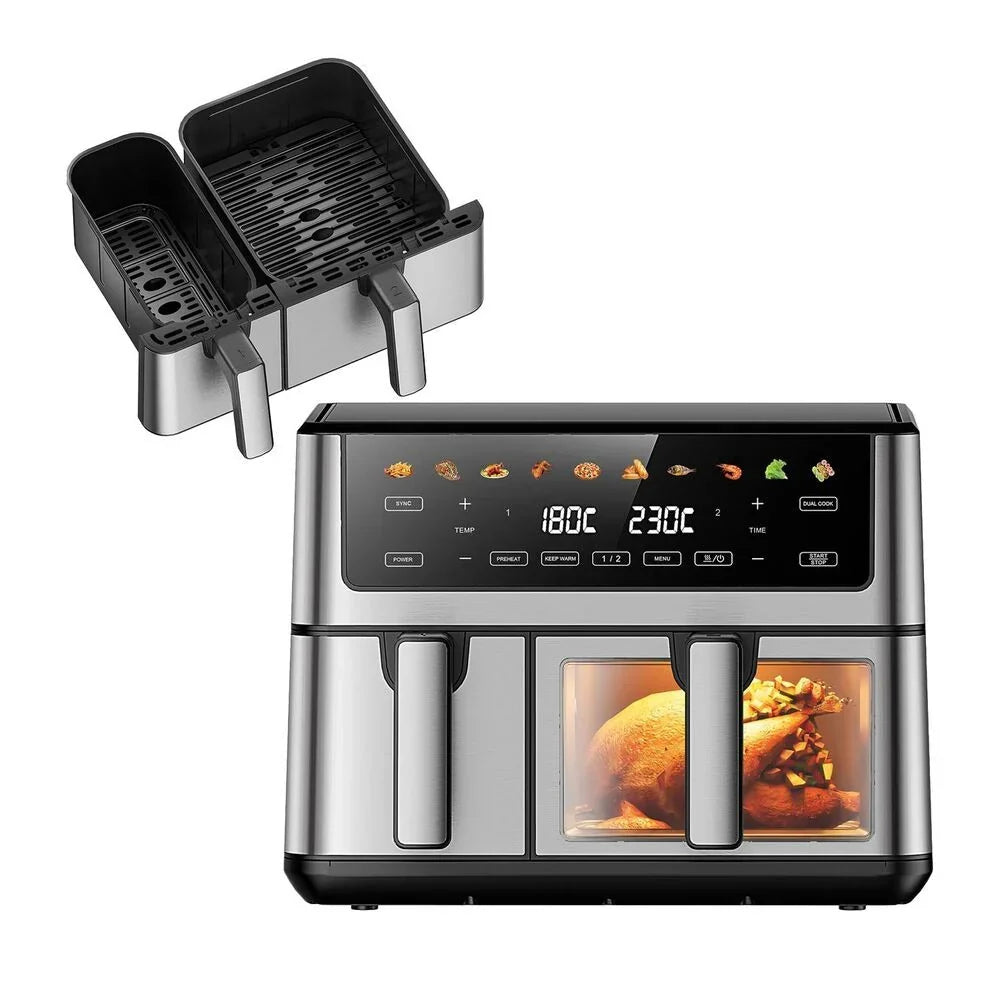 Fritadeira de Ar Extralink Dual Basket com Janela, 2 Cestos, 2500 W, 6,5 l e 3,5 l, Prateada