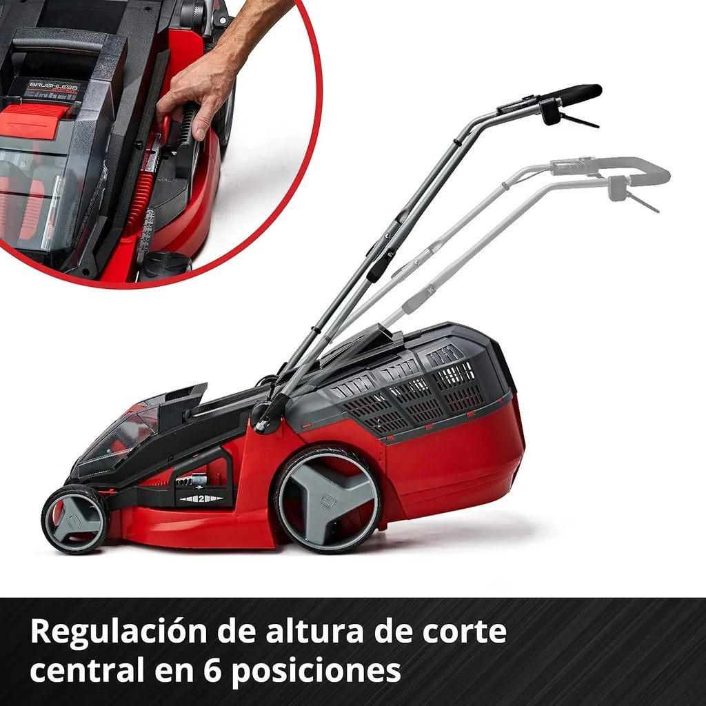 Cortador de grama a bateria Einhell GE-CM 43 Li M Kit Power X-Change (36V, 43 cm de largura de corte, até 600 m², sem escovas, função mulching, saco coletor de 63L, com 2 baterias de 4,0 Ah e 2 carregadores)