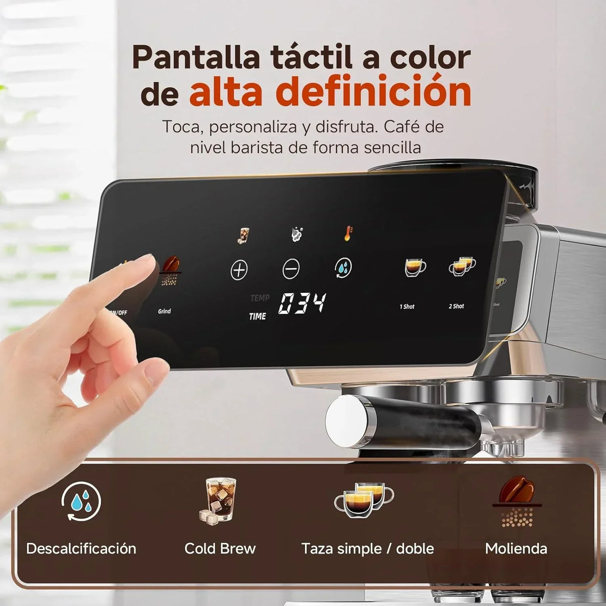 Máquina de Café Espresso AMZCHEF com Moedor Integrado 20 Bares – Cafeteira com 44 Configurações de Moagem, Vaporizador de Leite, 4 Temperaturas, Função Café Frio, Aço Inoxidável, Reservatório de 1,8L