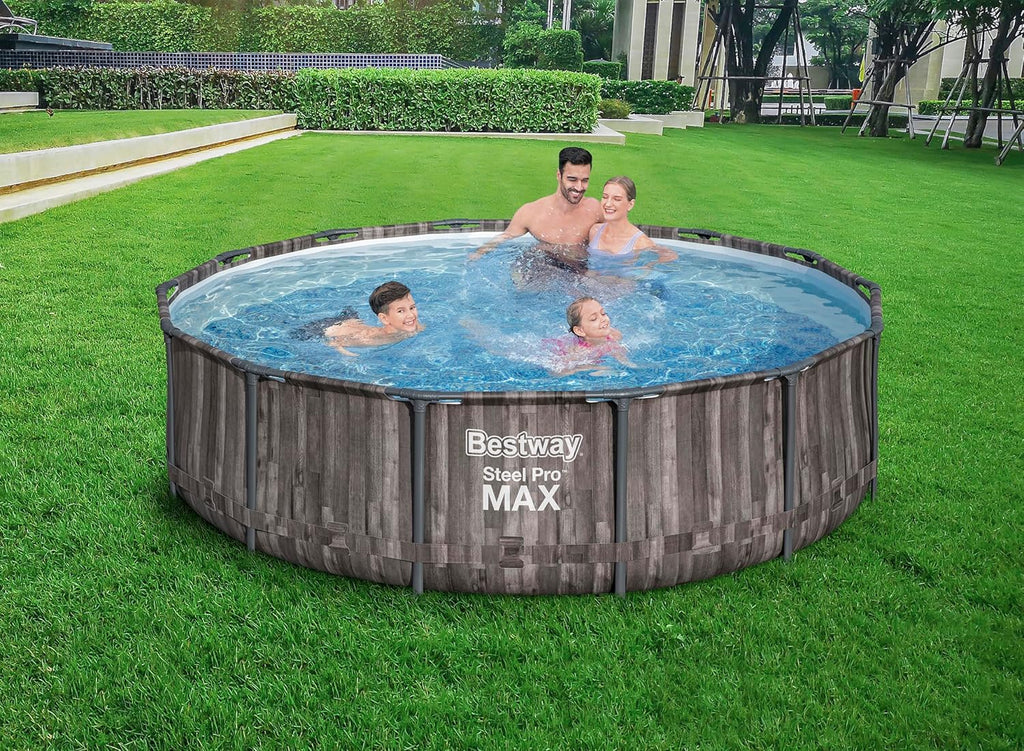 Bestway Steel Pro MAX - Piscina Estrutural Redonda (366 x 100 cm, Inclui Bomba Filtrante, Efeito Madeira)
