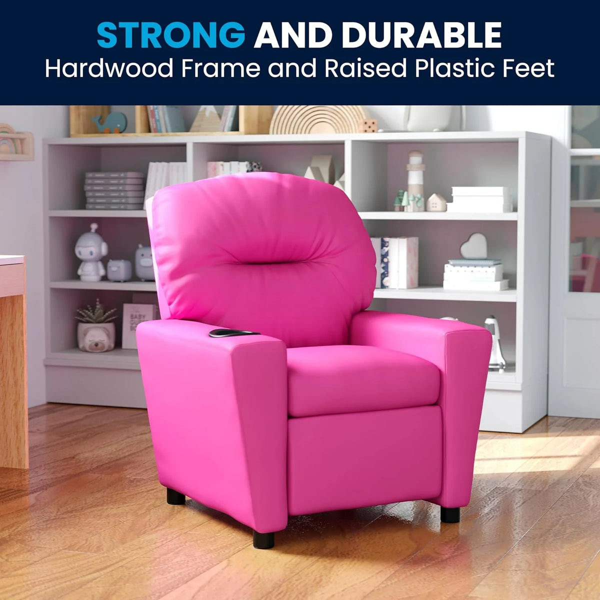 Poltrona Reclinável Infantil Contemporânea Flash Furniture com Porta-Copos, Madeira, Vinil Bege, 66,04 x 53,34 x 53,34 cm