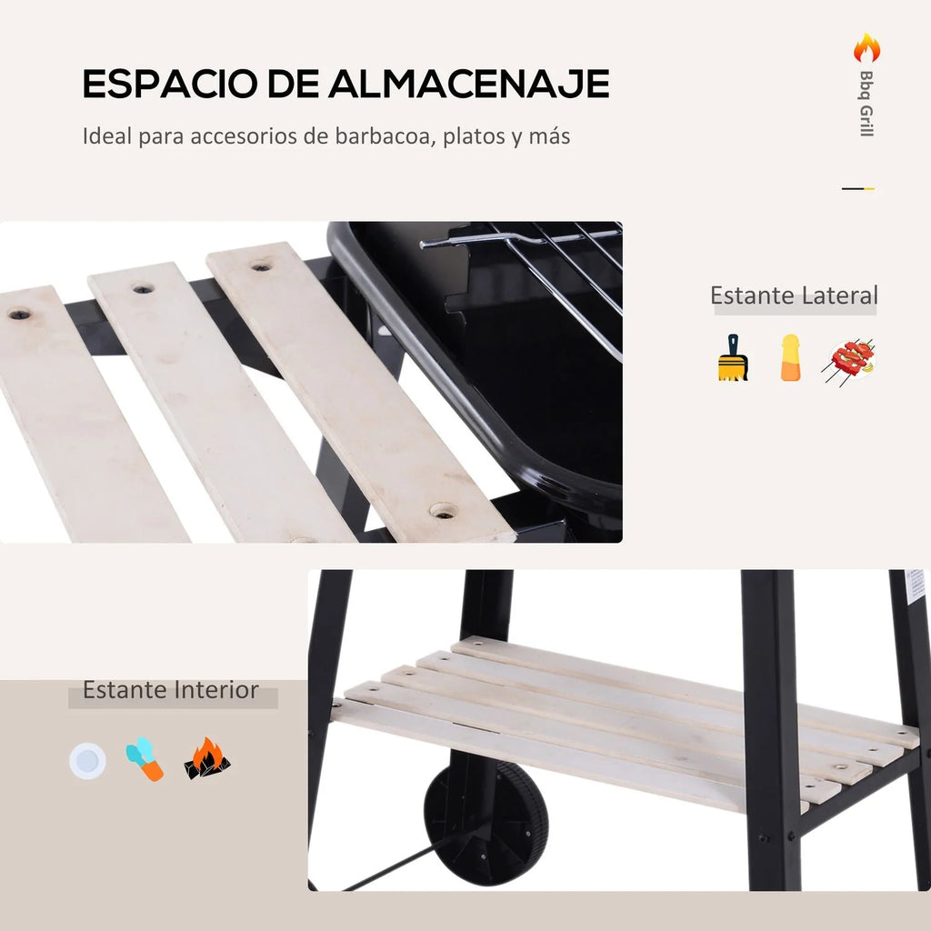 Churrasqueira a Carvão Outsunny 83x37x87cm Preta com Rodas e Prateleira