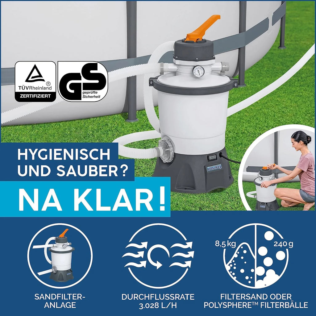 Bestway Hydrium - Piscina de Parede de Aço com Filtro de Areia, diâmetro de 300 x 120 cm, Cinza, Redonda