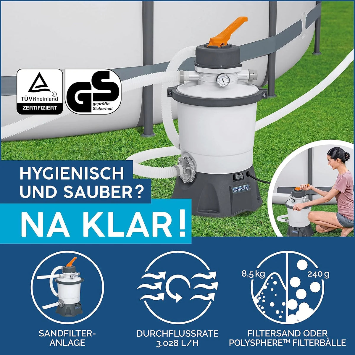Bestway Hydrium - Piscina de Parede de Aço com Filtro de Areia, diâmetro de 300 x 120 cm, Cinza, Redonda
