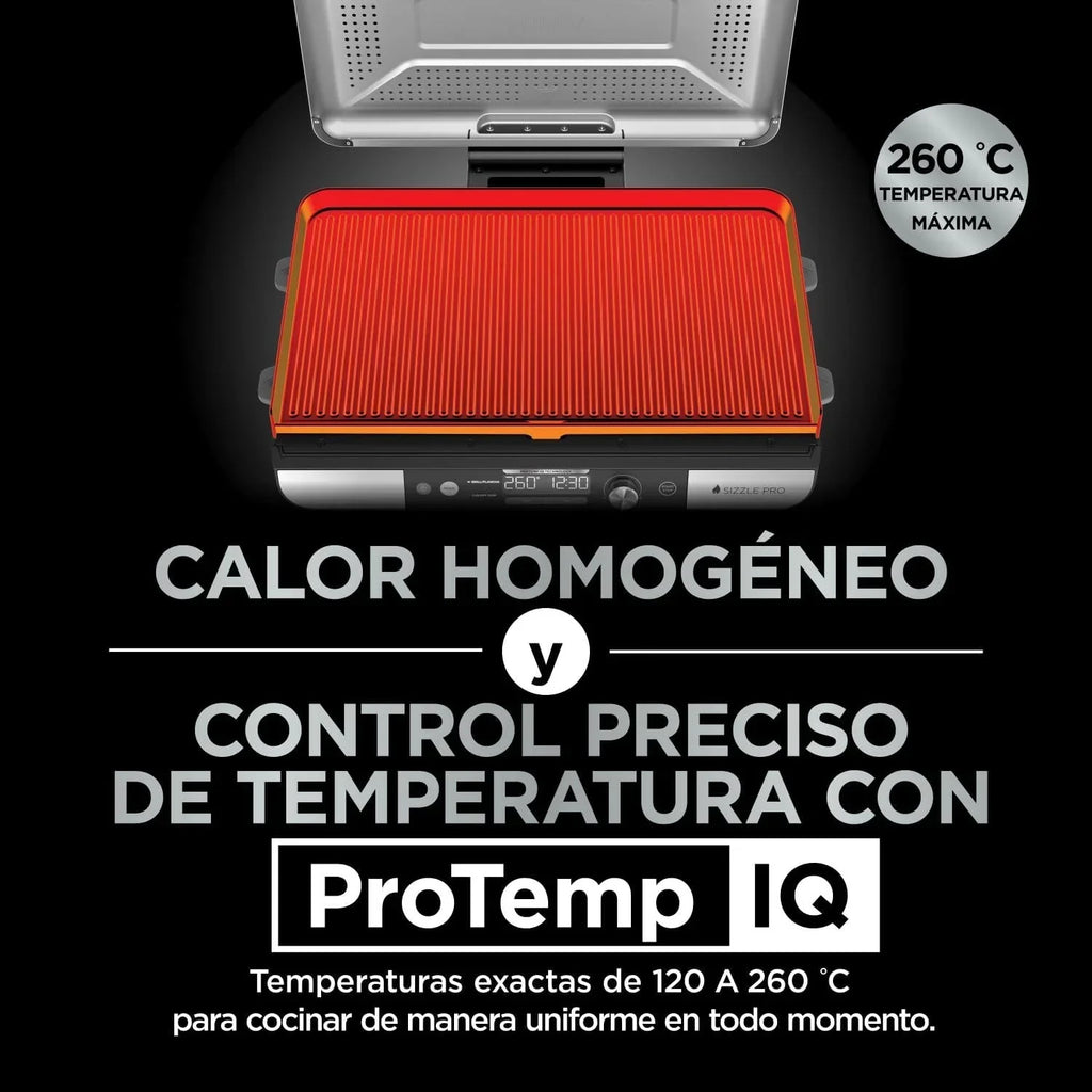 Ninja Sizzle Pro XL Grill and Chapa Interna com Chapa e Grelha de Cerâmica Antiaderente, Tampa Removível, Coletor de Gordura e Guia de Receitas, Prata/Preto GX101EU