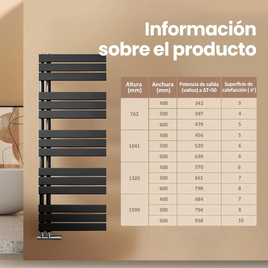 Toalheiro de Água Quente EMKE, 1599x400 mm, Radiador de Parede para Banheiro, Cor Preta, 684W, Toalheiro de Banheiro, Fácil Instalação, Design Moderno