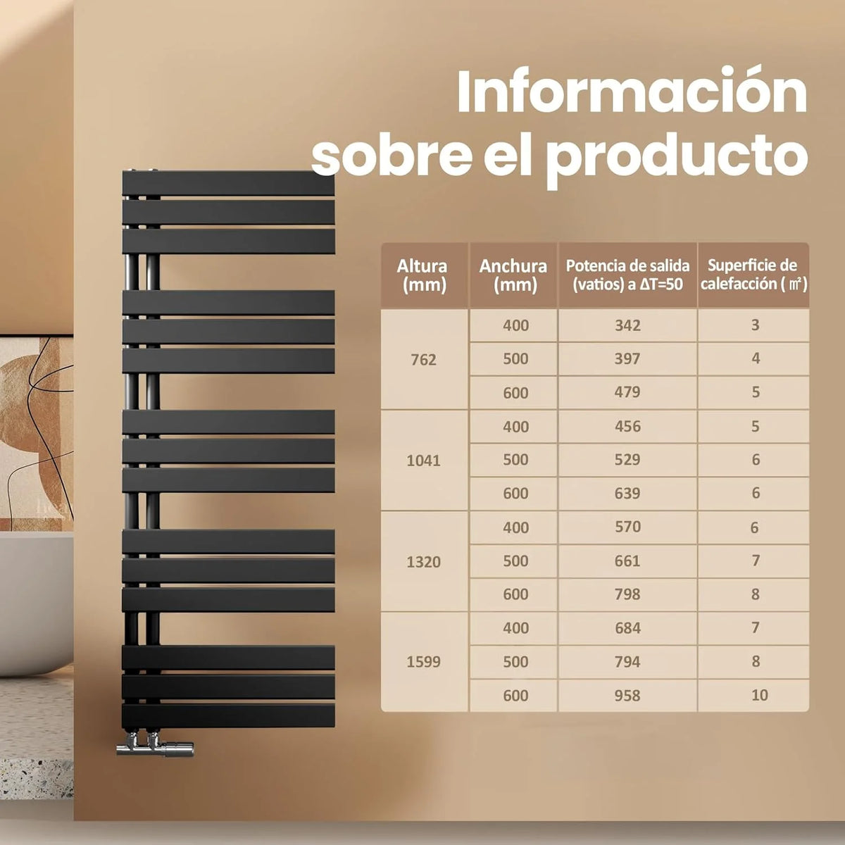 Toalheiro de Água Quente EMKE, 1599x400 mm, Radiador de Parede para Banheiro, Cor Preta, 684W, Toalheiro de Banheiro, Fácil Instalação, Design Moderno