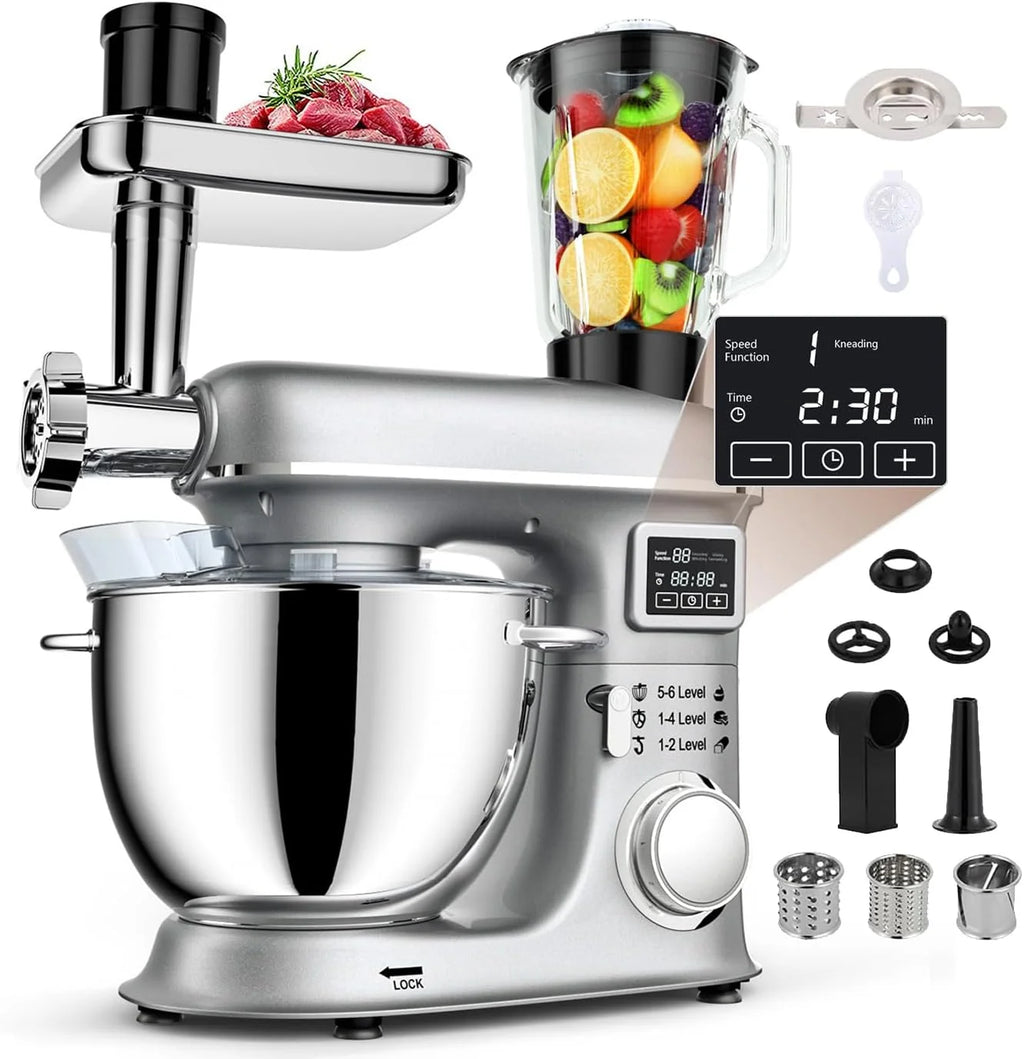 Batedeira planetária de 8L - Batedeira elétrica de cozinha com tela LED, 6 velocidades, cabeça inclinável, tigela de aço inoxidável, inclui moedor de carne, gancho de massa, batedor
