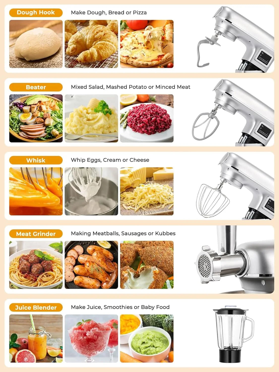 Batedeira planetária de 8L - Batedeira elétrica de cozinha com tela LED, 6 velocidades, cabeça inclinável, tigela de aço inoxidável, inclui moedor de carne, gancho de massa, batedor