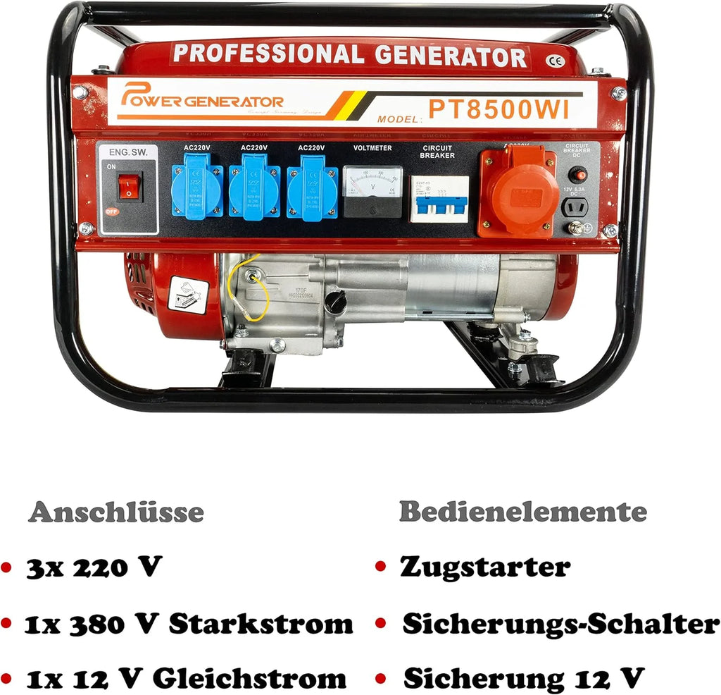 Gerador a gasolina | Acessórios incluídos | Gerador de energia silencioso | 5 tomadas 3 x 230 V / 1 x 400 V / 1 x 12 V | 6,5 CV