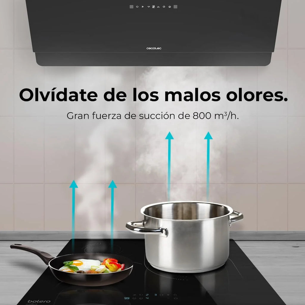 Cecotec Coifa Decorativa 90 cm Flux Dt 908000 Glass Black A++. Vidro Preto, 800m³/h de Potência, Motor 210W, A++, Controle Touch, 3 Níveis + Booster, Controle por Movimento de Mão