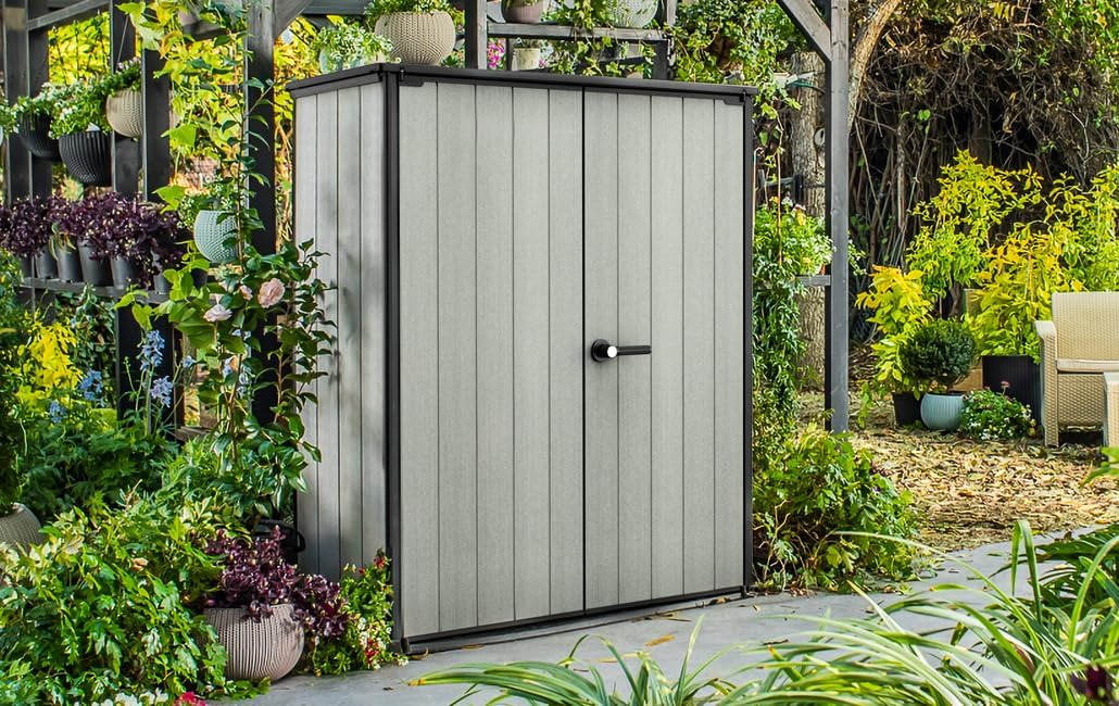 Keter High Store Plus - Galpão de Jardim Externo, 1400L, Cor Cinza, Tecnologia Duotech Paredes Adequadas para Pintura, 170.4 x 140 x 73.6 cm