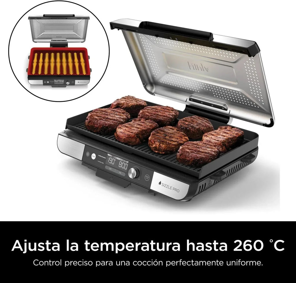 Ninja Sizzle Pro XL Grill and Chapa Interna com Chapa e Grelha de Cerâmica Antiaderente, Tampa Removível, Coletor de Gordura e Guia de Receitas, Prata/Preto GX101EU