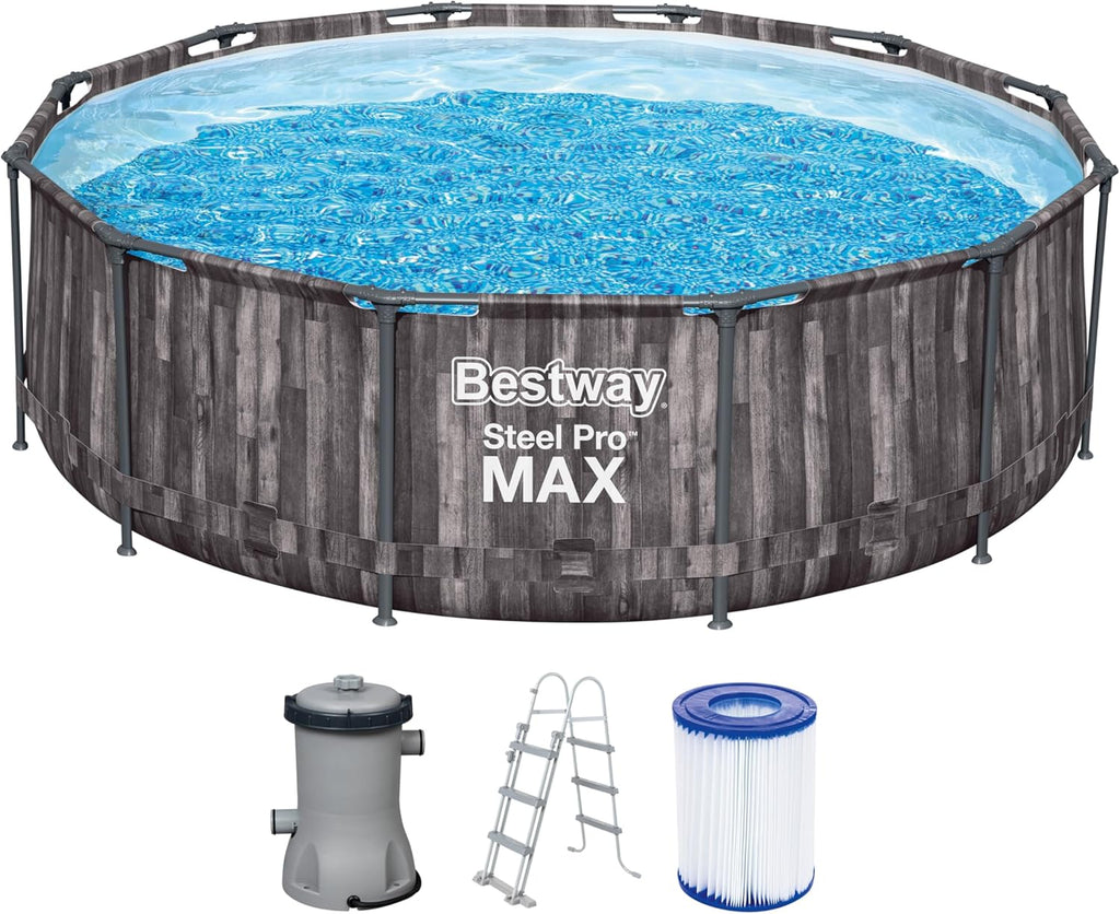 Bestway Steel Pro MAX - Piscina Estrutural Redonda (366 x 100 cm, Inclui Bomba Filtrante, Efeito Madeira)