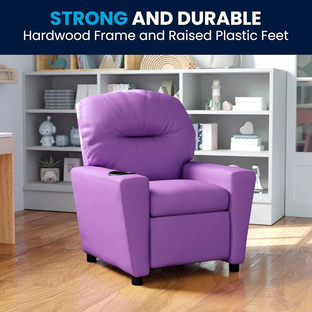 Poltrona Reclinável Infantil Contemporânea Flash Furniture com Porta-Copos, Madeira, Vinil Bege, 66,04 x 53,34 x 53,34 cm