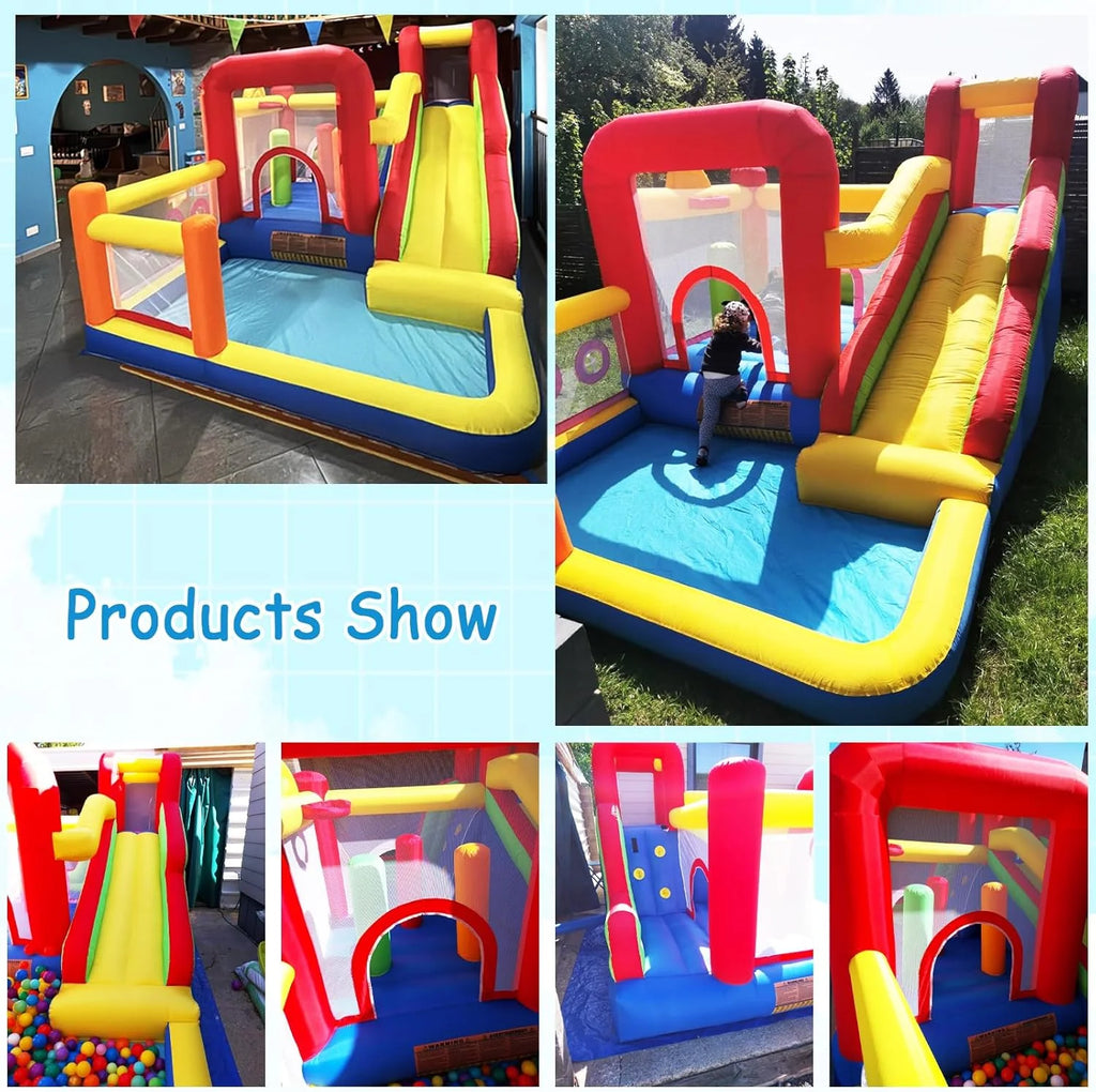 Castelo insuflável infantil com soprador – Multifuncional, rede de segurança, seguro e duradouro, perfeito para qualquer estação, para interior/exterior