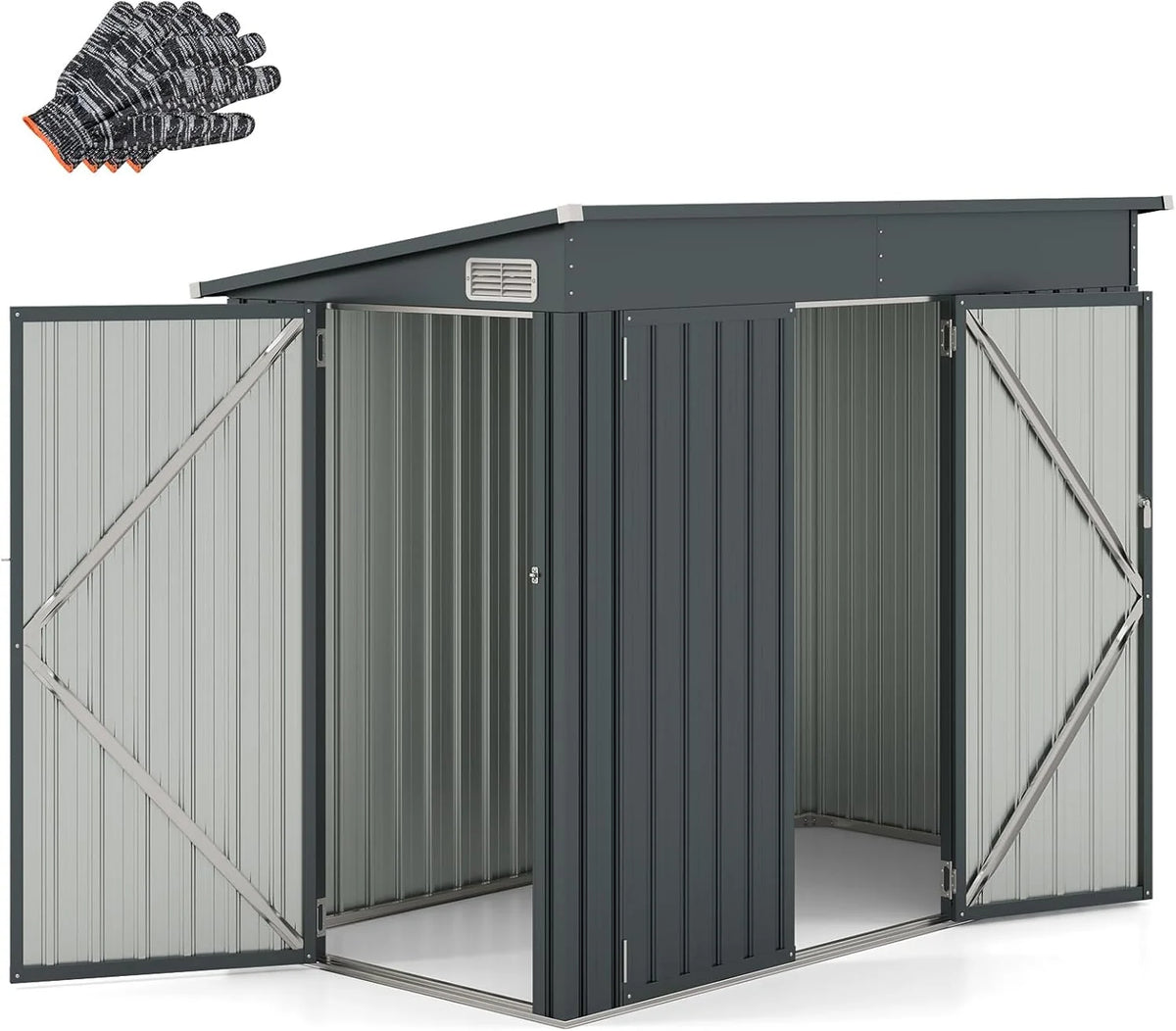 COSTWAY Abrigo de Jardim Exterior, 235 x 117 x 185 cm, Abrigo de Jardim Exterior com 2 Portas, Telhado Inclinado, Abrigo Organizador de Metal Galvanizado, Organizador de Ferramentas para Jardim e Pátio