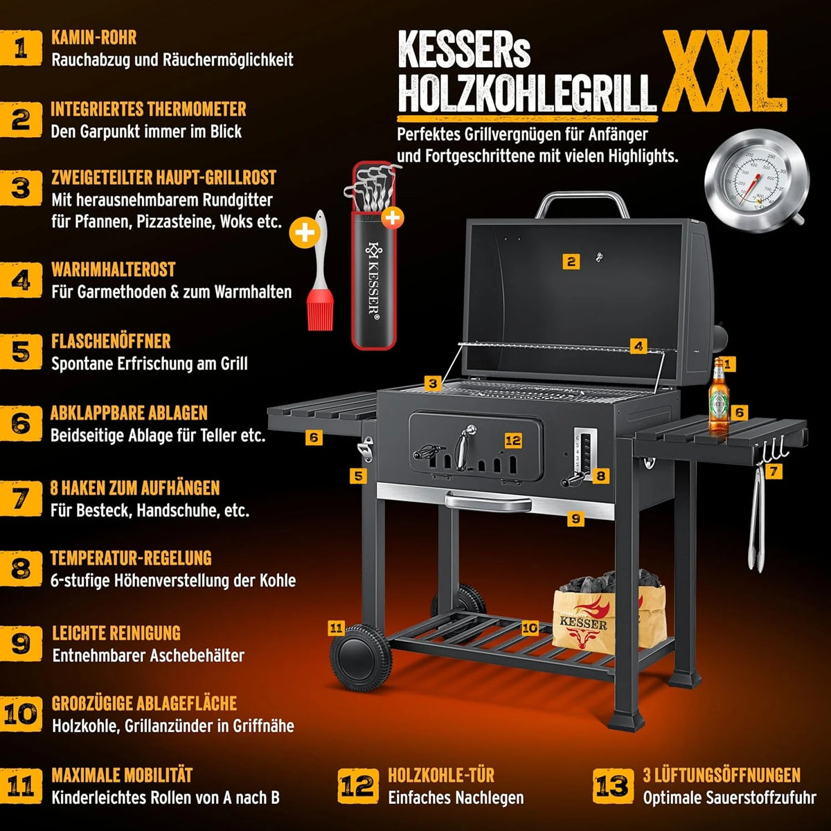 KESSER® Churrasqueira a Carvão com Carrinho Grelhador com Tampa, Rodas, Puxador em Aço Inoxidável | Grelhador e Termómetro a Carvão Grande BBQ Assador Acampamento, Terraço, Jardim XXL Cinza
