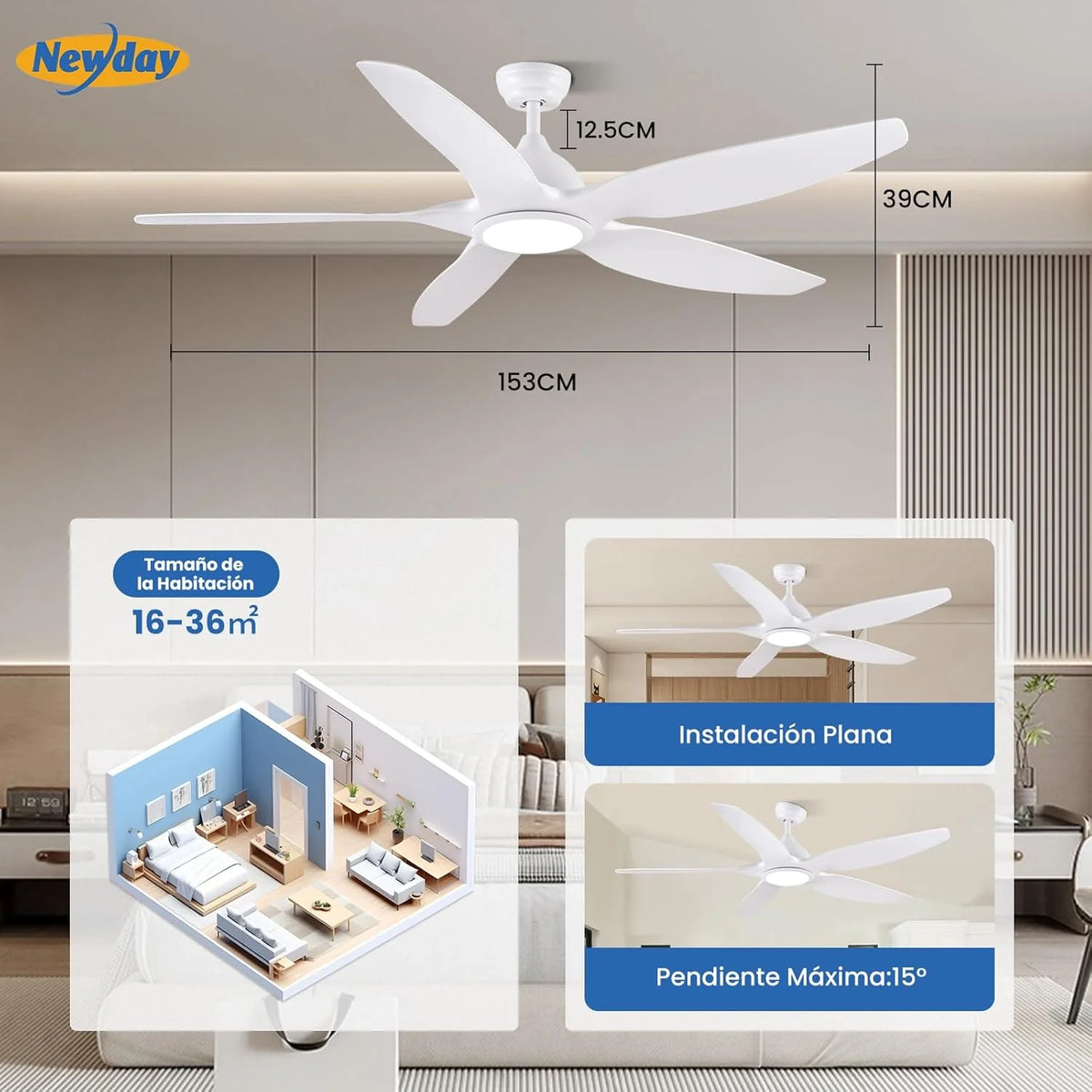 Newday 153cm Grande Ventilador de Teto Branco com Luz e Controle Remoto, LED Dimmer, Motor DC Reversível para Uso no Verão e Inverno, 5 Pás Silencioso para Quarto Sala de Estar e Varanda
