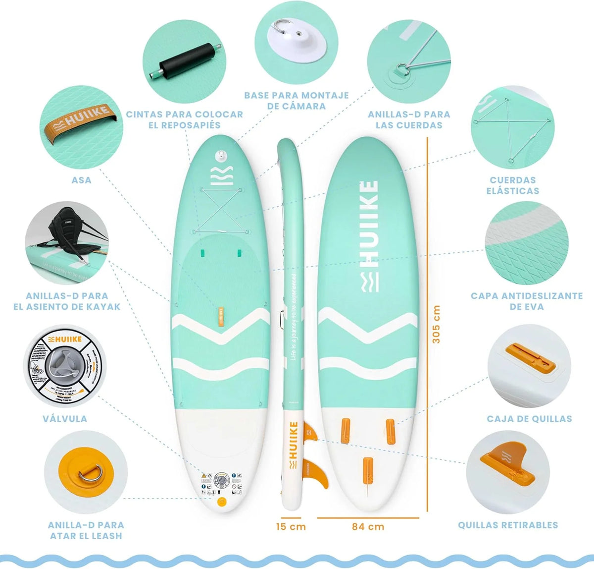 HUIIKE Prancha de Paddle Surf Insuflável com Acessórios Incluídos, Remo, Quilha, Inflador. Stand Up Paddle Board com Grande Estabilidade e Resistência. 305 x 84 x 15 cm, Suporta até 130 kg