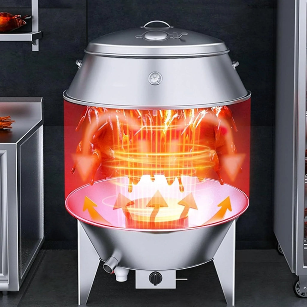 Defumador e Churrasqueira Barril de Grande Capacidade Fabricado em Aço Inoxidável Totalmente Lavável Forno Circular Suspenso de 360° Com Termômetro e Porta Central Churrasqueira Portátil