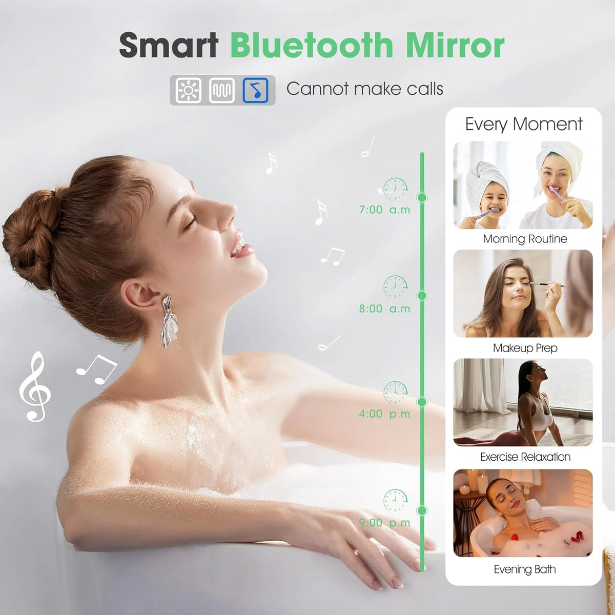 Espelho de Banheiro S'bagno com Luz 100x70cm, Espelho de Banheiro LED Bluetooth, Antiembaçante, 3 Cores, Regulável, Memória, Vidro Temperado HD, Resistente à Água IP44, Vertical/Horizontal