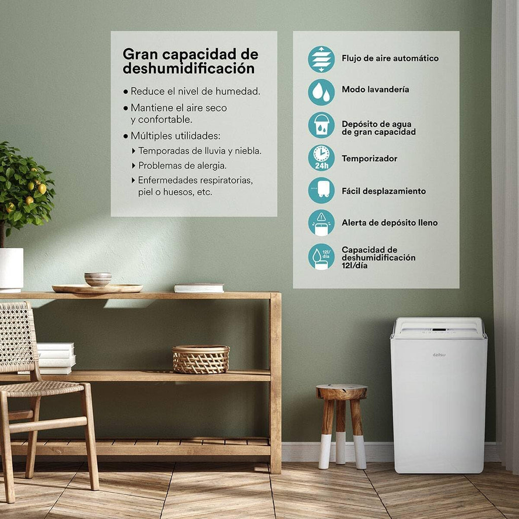 Daitsu - Desumidificador | Alta Capacidade de 20L/dia | Controlo de Humidade Ajustável | Drenagem Contínua | Descongelação Automática | Eficiência Energética Classe A