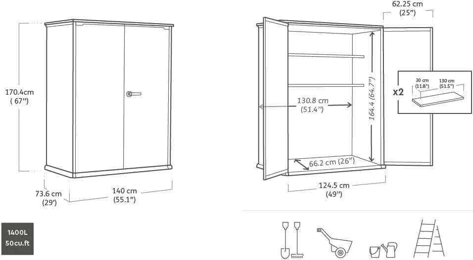 Keter High Store Plus - Galpão de Jardim Externo, 1400L, Cor Cinza, Tecnologia Duotech Paredes Adequadas para Pintura, 170.4 x 140 x 73.6 cm