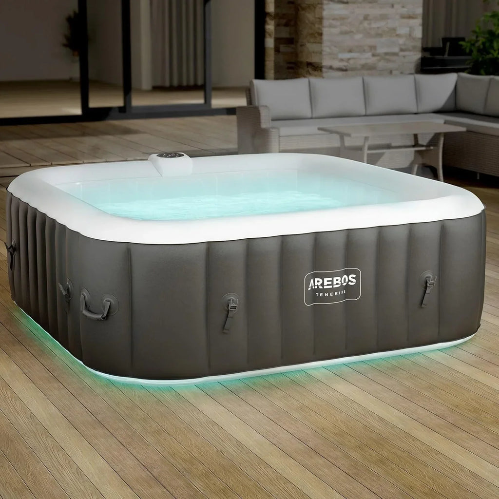 Arebos Whirlpool Inflável | Banheira de Hidromassagem | 185 x 185 cm | para 6 Pessoas | Faixa de LED Luminosa | 130 Jatos de Massagem | 910 Litros | Inclui Cobertura | Massagem Borbulhante e Bem-Estar
