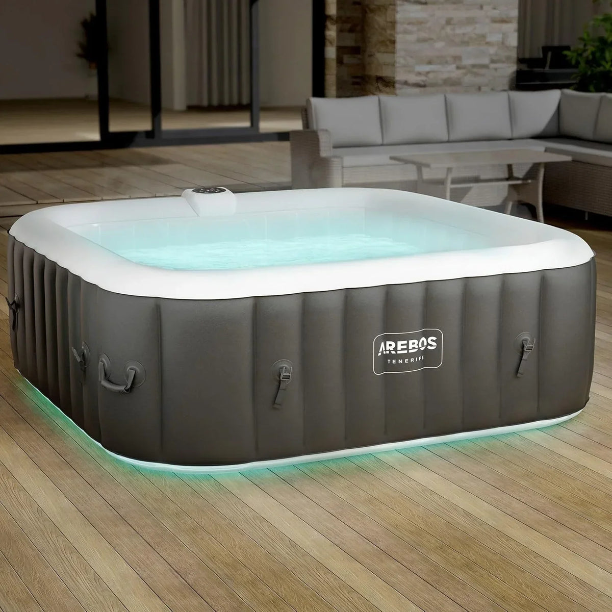 Arebos Whirlpool Inflável | Banheira de Hidromassagem | 185 x 185 cm | para 6 Pessoas | Faixa de LED Luminosa | 130 Jatos de Massagem | 910 Litros | Inclui Cobertura | Massagem Borbulhante e Bem-Estar