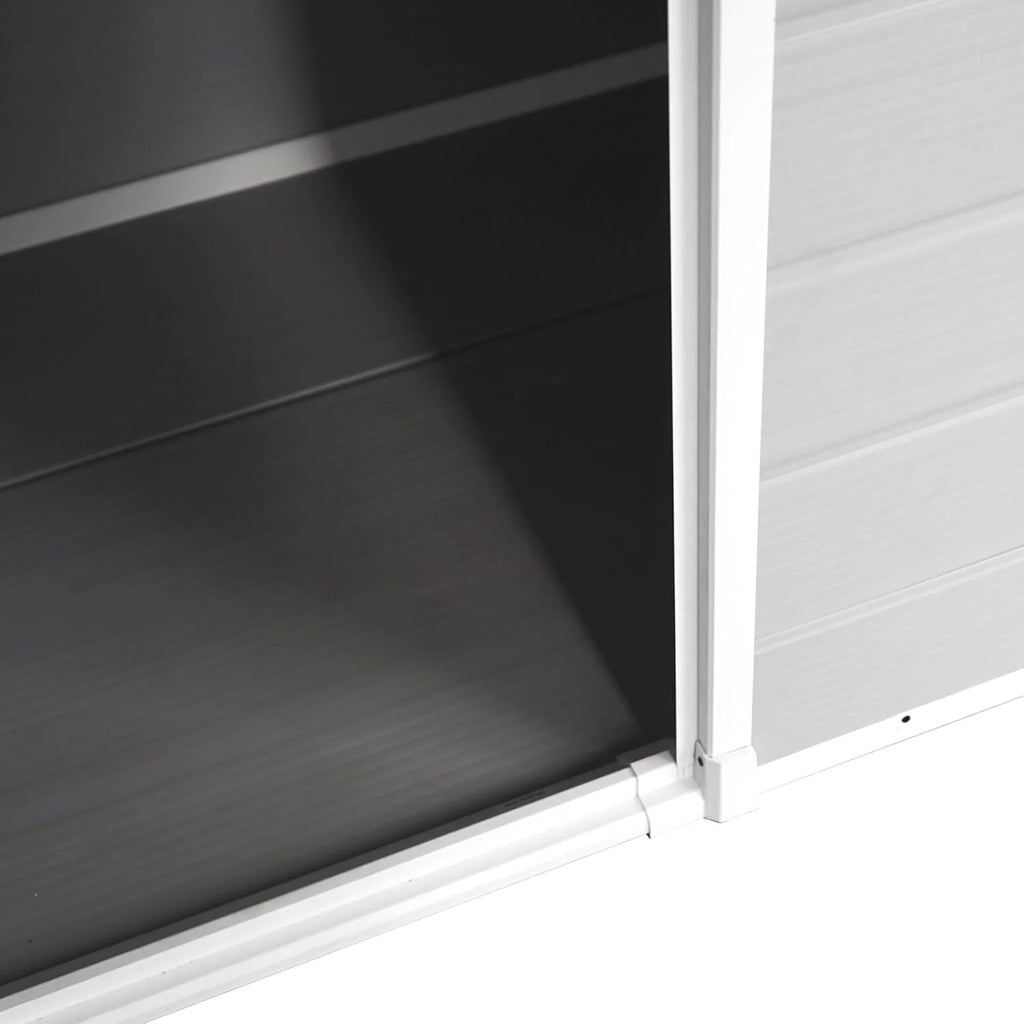 Wasabi - Armário de Resina para Jardim Unidade 1.4 – Janela de Luz Natural - Chão Incluído - Painéis de 12mm de Espessura - Cinza Branco - Galpão de PVC para Armazenamento Exterior - 1,37m2 - Telhado Plano