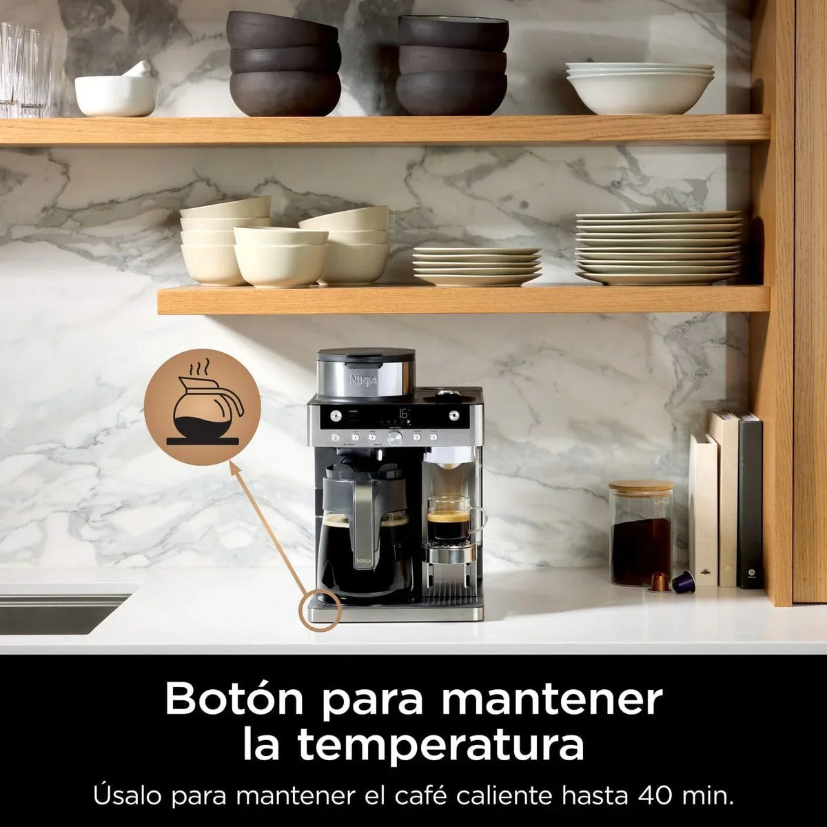Cafeteira Ninja Prestige CFN802EU 2 em 1 para Café Moído e Cápsulas, com Moedor Embutido, Prepara Lattes, Iced Coffees e Flat Whites, Preta