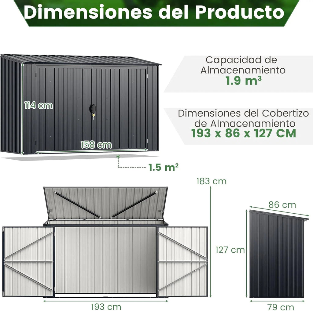 GOPLUS 1,9 m³ Abrigo de Jardim em Aço Galvanizado, 193 x 86 x 127 cm, Armário de Exterior com Porta Dupla e Fechaduras, Alavanca Hidráulica, Casa para Ferramentas, Bicicletas, Caixotes de Lixo