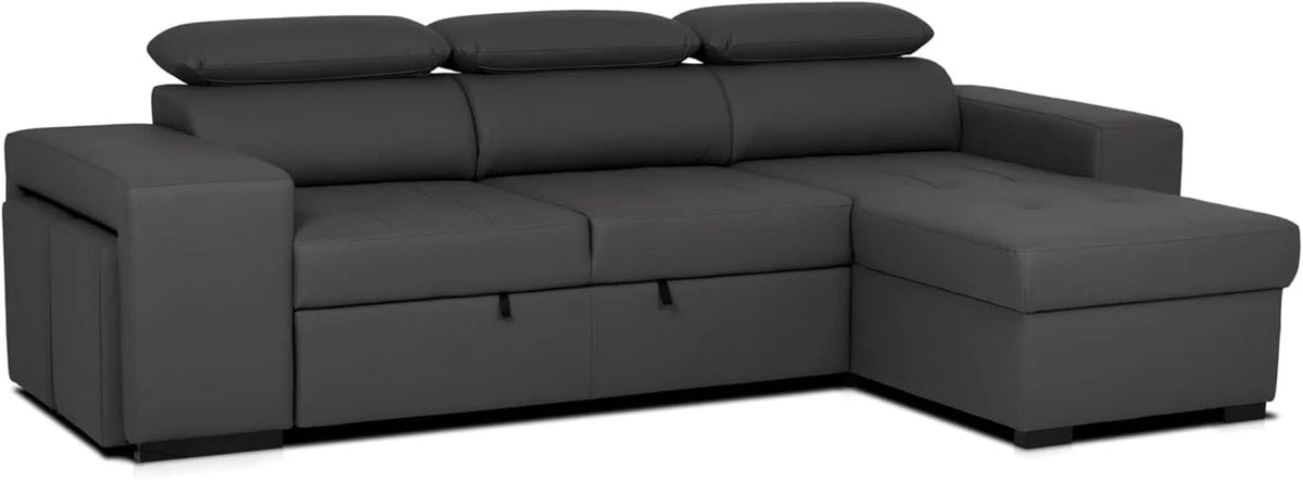 BUDWING John Sofá-Cama de Canto 4 Lugares - Chaise Longue Reversível, Apoios de Cabeça Ajustáveis e 2 Pufes - Estofado em Poliuretano - Estilo Moderno - 263x161x96 cm - Preto