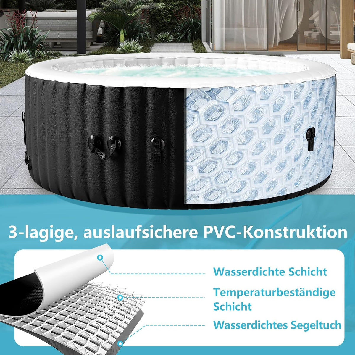 Banhira de Hidromassagem Inflável para 4 Pessoas, 2400 W, Interno/Externo, Piscina de Spa de Inverno, com 120 Jatos de Ar, Proteção Contra Congelamento, 799 Litros, À Prova de Vazamento, Economia de Energia