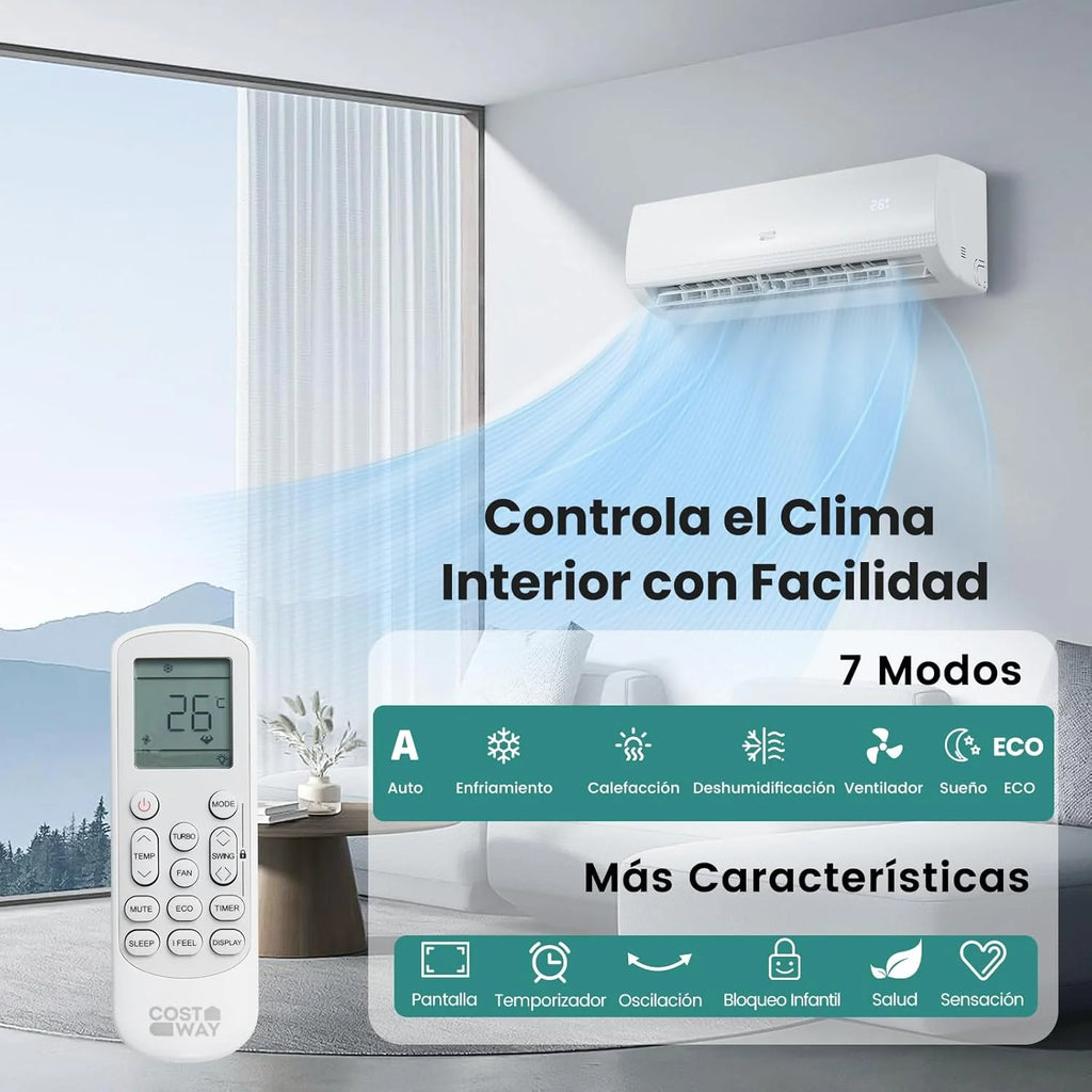 Ar Condicionado Split COSTWAY, 2,6 kW, Ar Condicionado com Aquecimento e Bomba de Calor, Refrigerante: R32, Aquecedor e Resfriador com Kit de Instalação para Cômodos de até 70m³ (9000BTU)