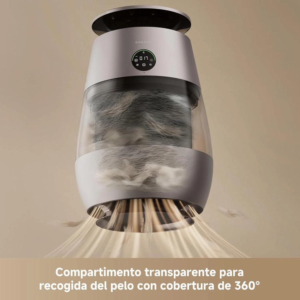 DREAME AP10 Purificador de Ar para Casas com Animais de Estimação, Sistema 360° de Alta Pressão Negativa, Purificação em 5 Etapas que Captura Pelos e Odores, Transparente, Tampa Curva, Luz Ecológica, Controle por Aplicativo