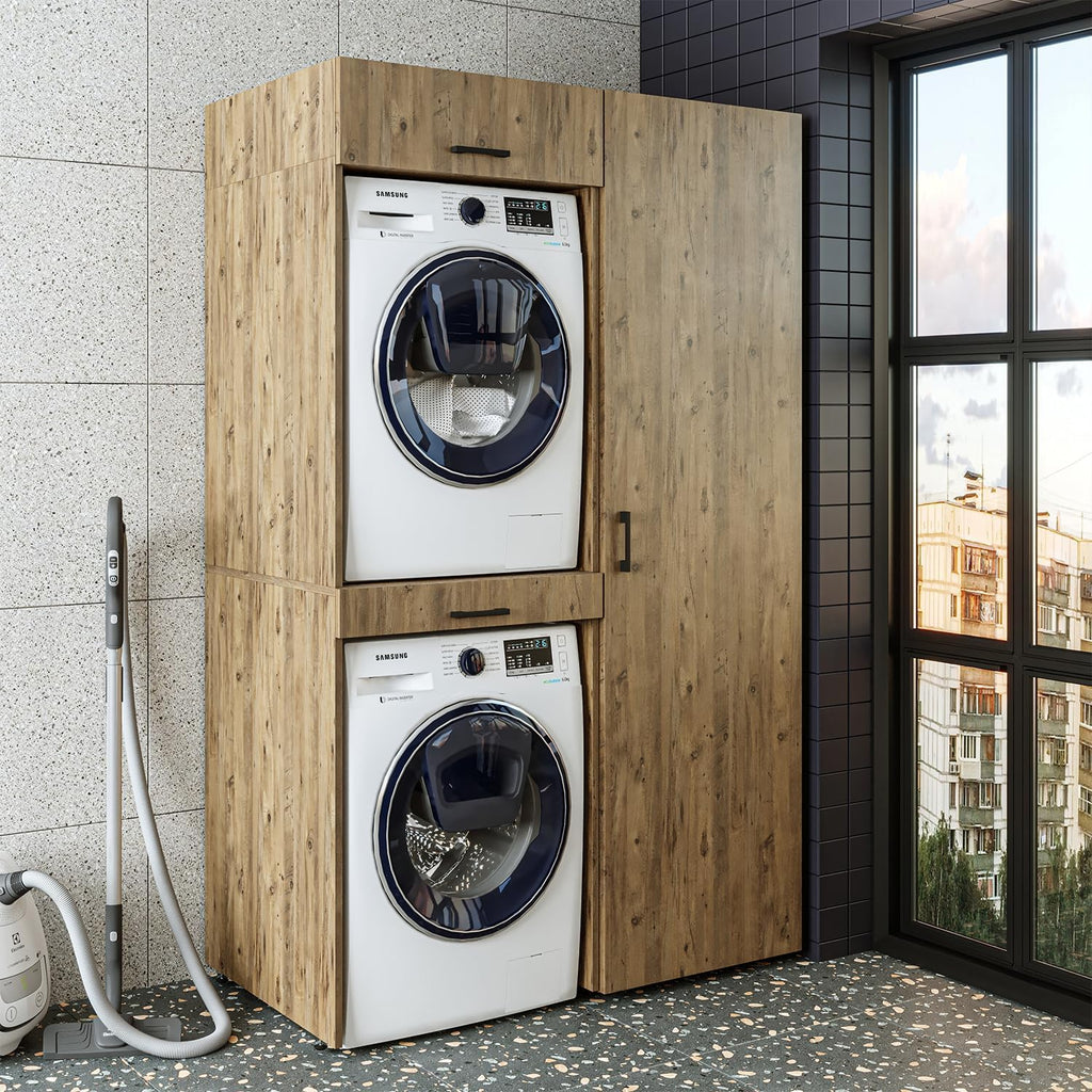 Wall cabinet, dryer over washing machine, 127 cm wide, washing machine tower, shelving unit (3 shelves, oak