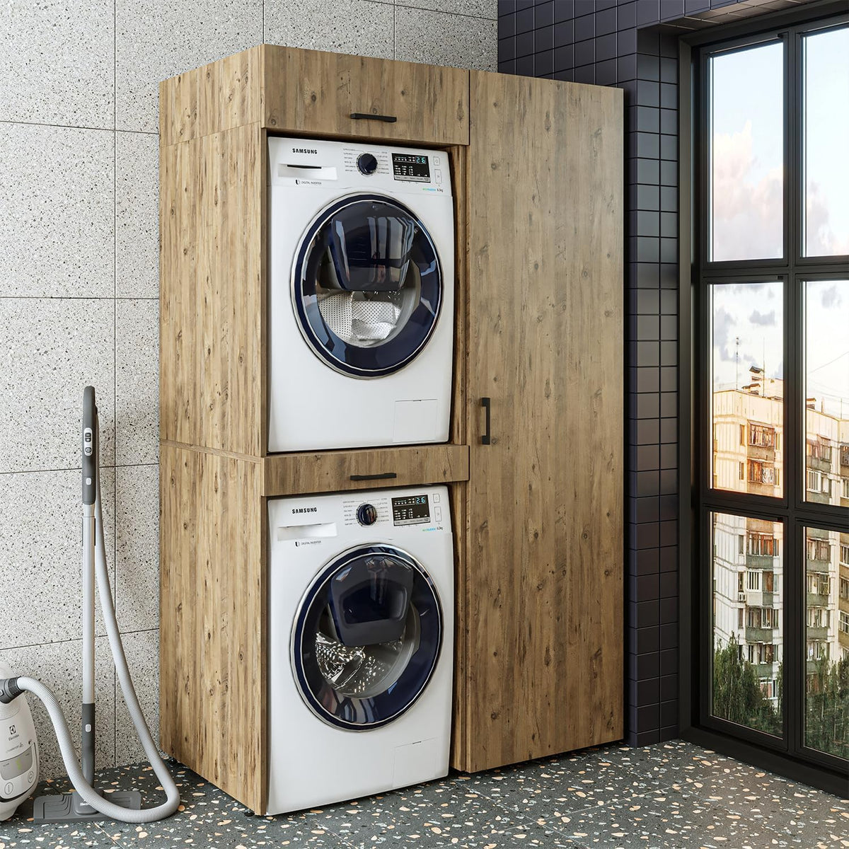 Wall cabinet, dryer over washing machine, 127 cm wide, washing machine tower, shelving unit (3 shelves, oak