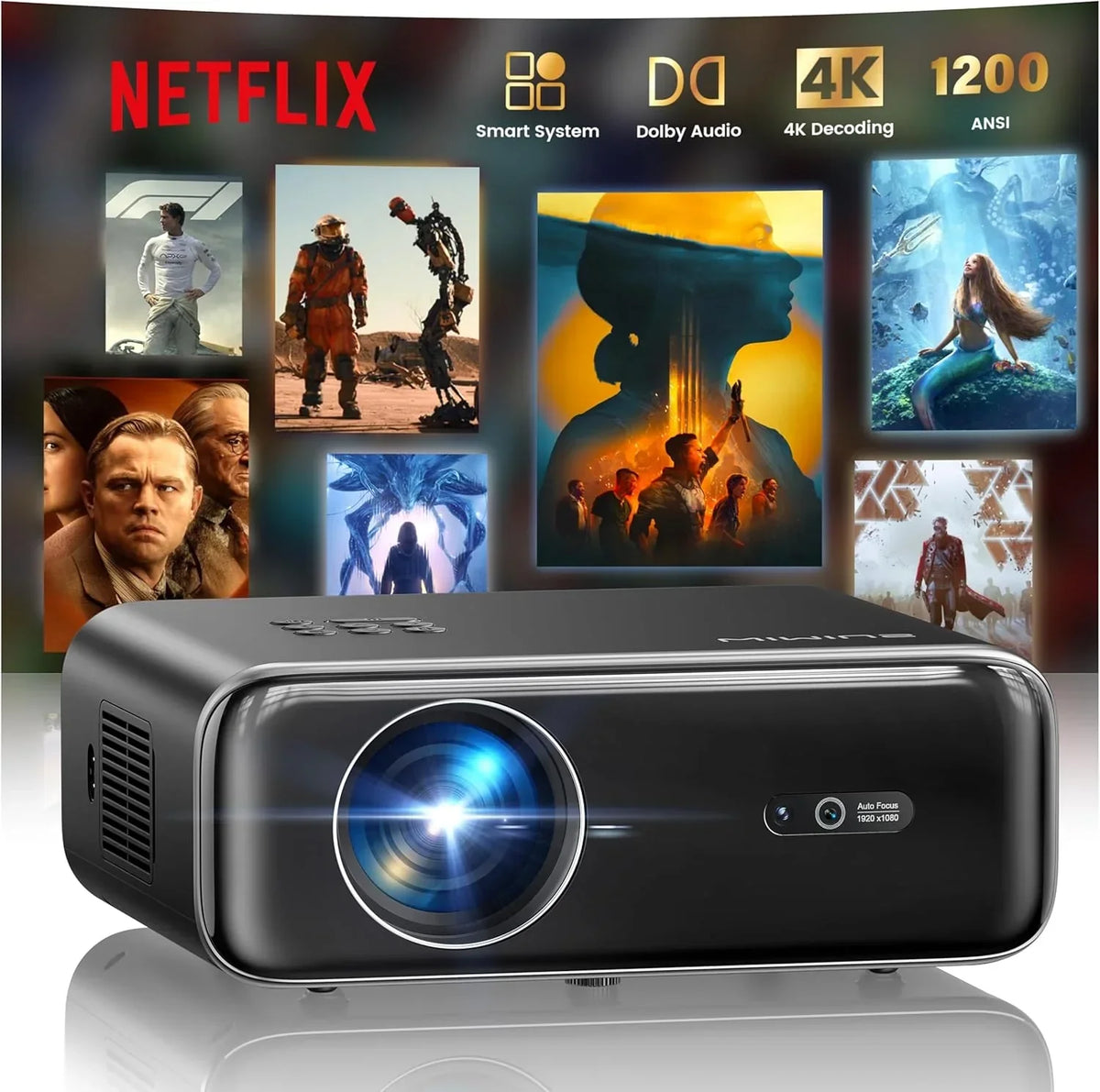 Projetor 4K【1400 ANSI/Netflix Incluído/Dolby】 Projetor Smart 4K Portátil Foco Automático/Keystone WiFi Bluetooth FHD 1080P, HDR10, Projetores WiFi6 Zoom 50% Externo para Home Cinema/PPT HDMI Duplo/USB