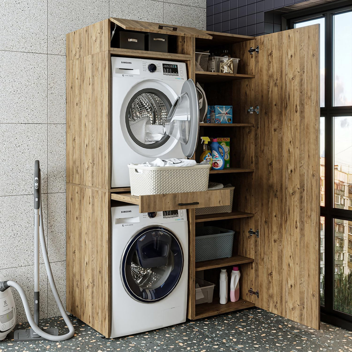 Wall cabinet, dryer over washing machine, 127 cm wide, washing machine tower, shelving unit (3 shelves, oak
