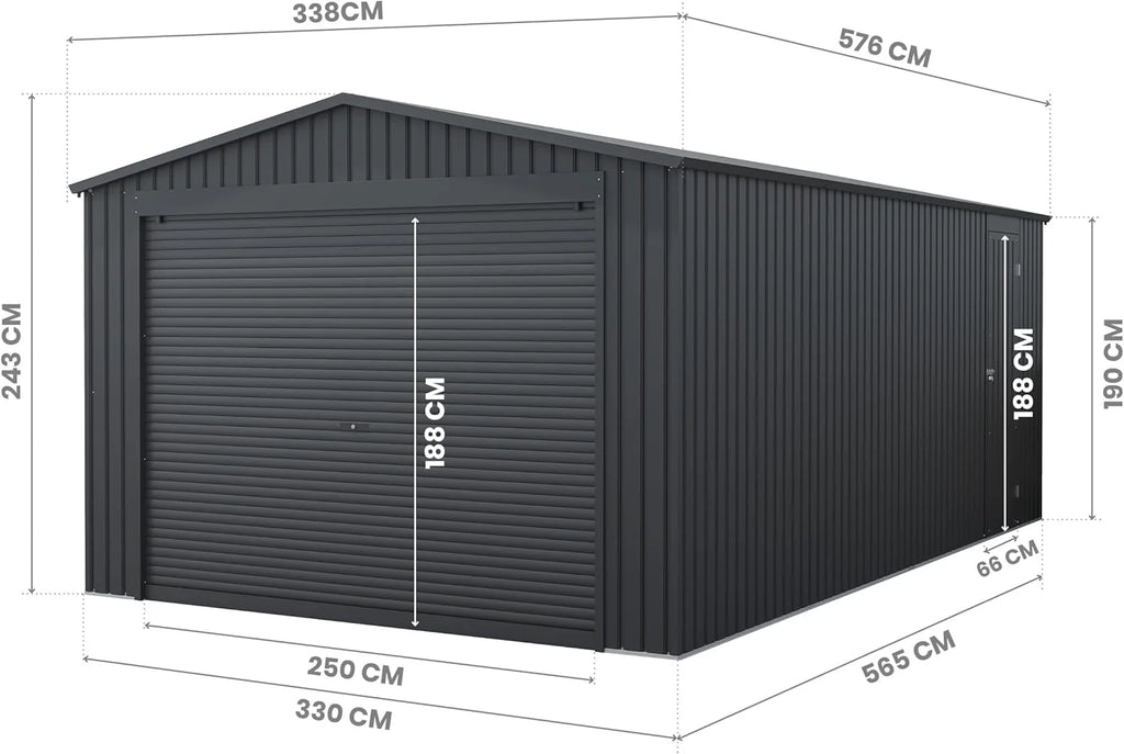Wasabi - Garagem Metálica 19,52m2 Jarama – Portão Amplo Enrolável - Abrigo Exterior para Carros - Fecho de Segurança com Chave - Porta Lateral Pedonal - Garagem de Armazenamento para Jardim – 576x338x243cm