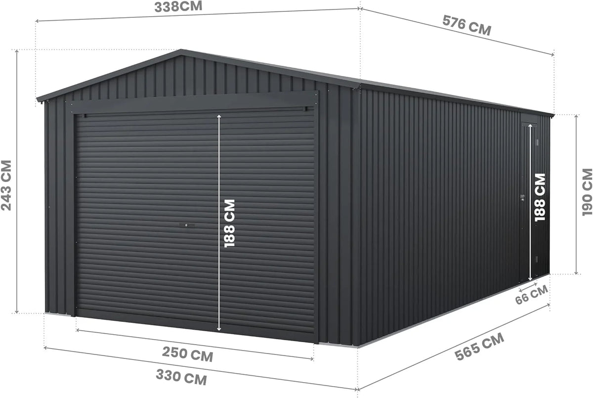 Wasabi - Garagem Metálica 19,52m2 Jarama – Portão Amplo Enrolável - Abrigo Exterior para Carros - Fecho de Segurança com Chave - Porta Lateral Pedonal - Garagem de Armazenamento para Jardim – 576x338x243cm