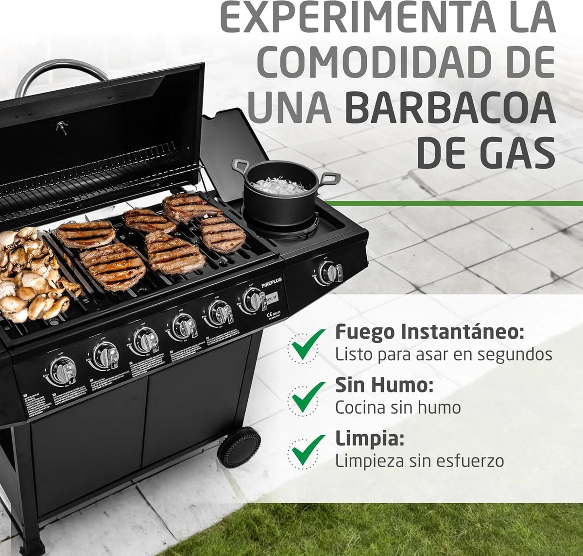 Churrasqueira a Gás Fireplus 6+1 de 12,9 kW - Aço Inoxidável Preto - Grelhador com Rodas Modelo GRILL-6F - Churrasqueira XXL com Carrinho e Termômetro - 138x52x103 cm - 7 Queimadores e Bandeja Lateral