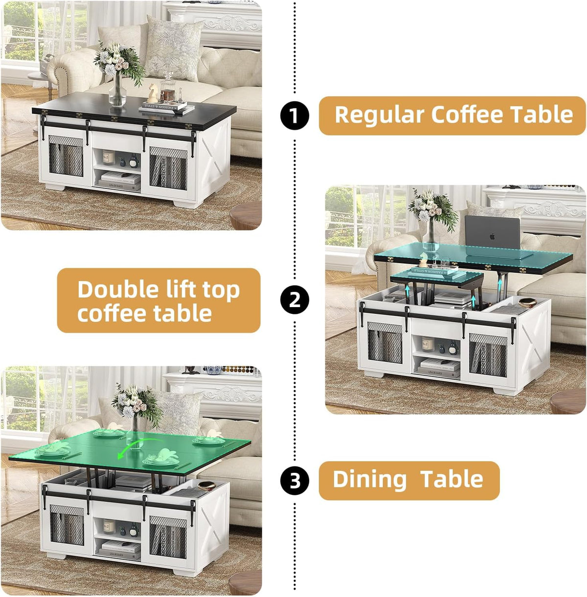 VOWNER Mesa de Centro Elevatória, Mesa Extensível, Multifuncional 3 em 1 com Armazenamento Oculto - Sala de Jantar, Conversível, Estilo Fazenda, Nogueira
